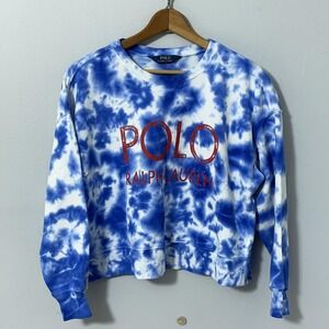 Polo Ralph Lauren Sweatshirt Women XS Blue Tie Dye Cropped French Terry Crewneck